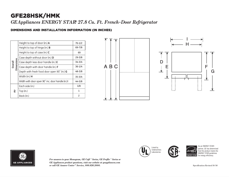 Page n°1 - Fiche technique GE GFE28HSKSS