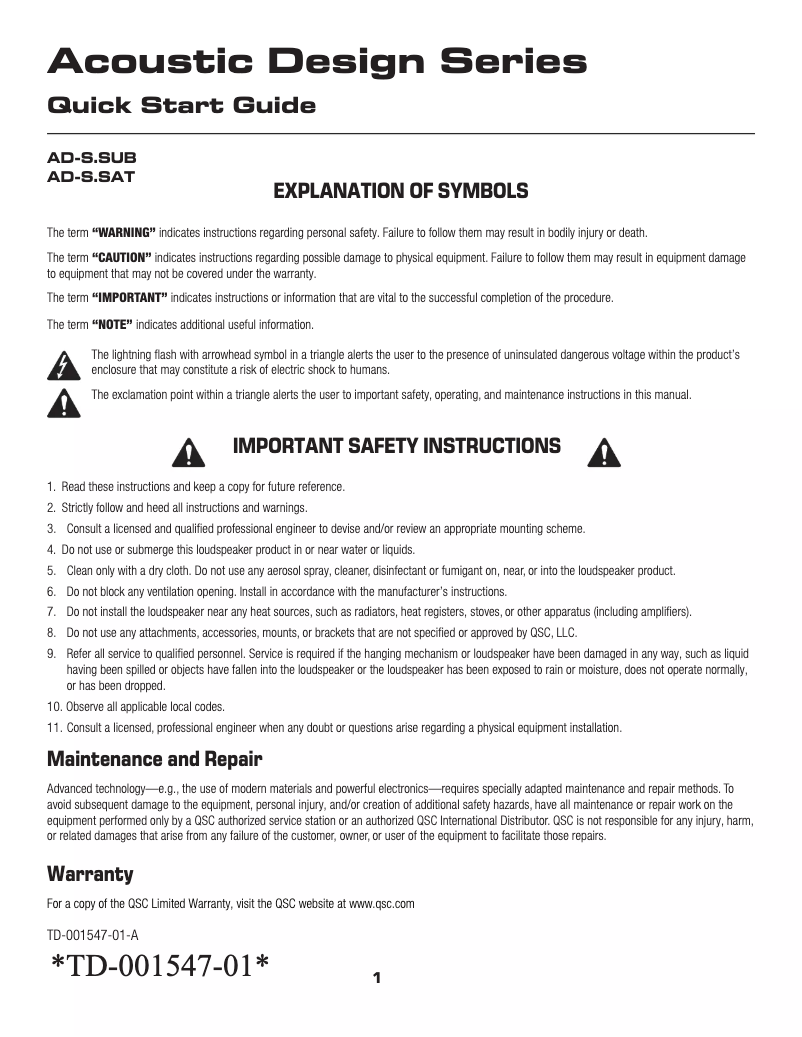 Page 1 de la notice Manuel utilisateur QSC AcousticDesign AD-S.SAT