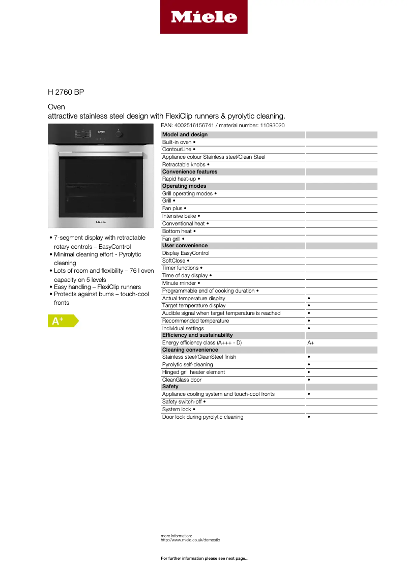 Page 1 de la notice Fiche technique Miele H 2760 BP