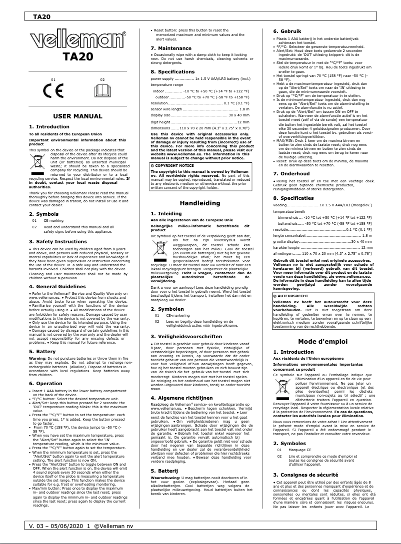 Page 1 de la notice Manuel utilisateur Velleman TA20