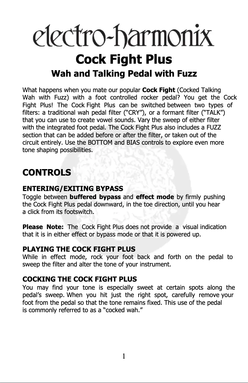 Page 1 de la notice Manuel utilisateur Electro Harmonix Cock Fight Plus