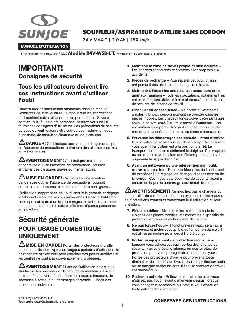 Page 1 de la notice Manuel utilisateur Sun Joe 24V-WSB-LTE