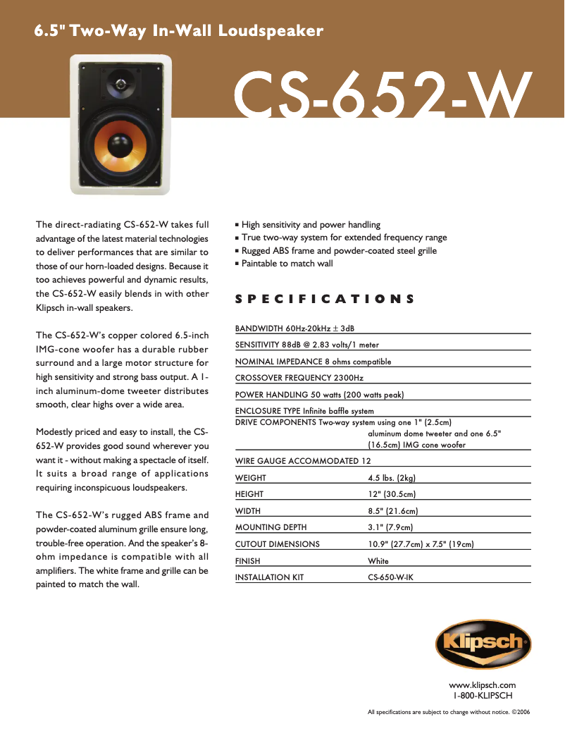 Page 1 de la notice Fiche technique Klipsch CS-652-W