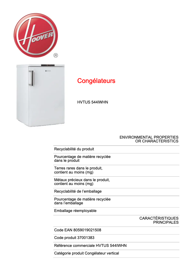 Página 1 del manual Ficha técnica Hoover HVTUS 544IWHN