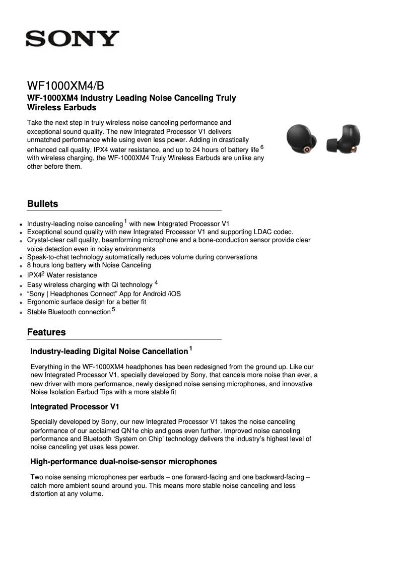 Page 1 of the manual Technical Sheet Sony WF-1000XM4