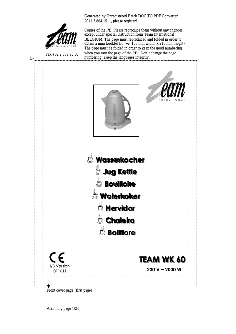 Page 1 de la notice Manuel utilisateur Team WK 60