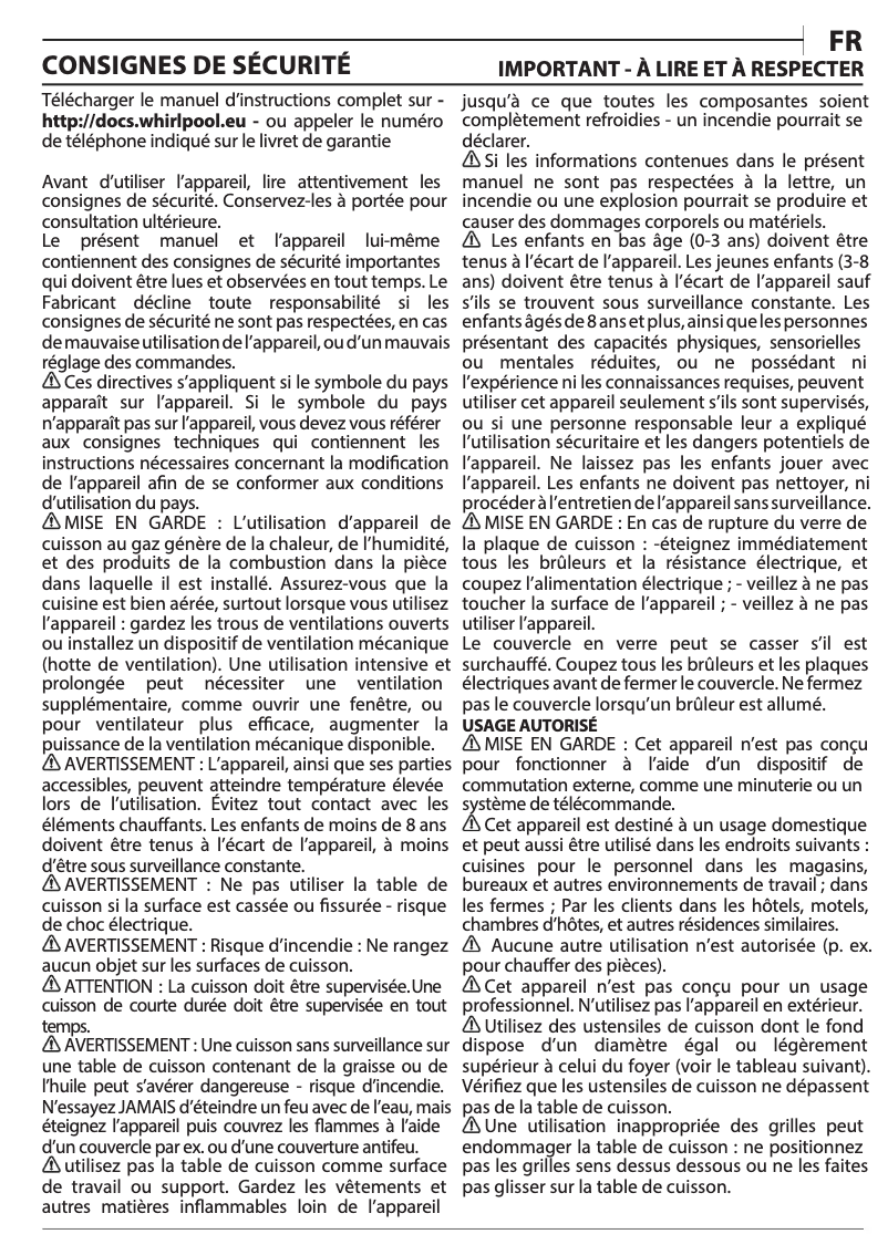Page 1 de la notice Manuel utilisateur Whirlpool AKM 361/IX/01