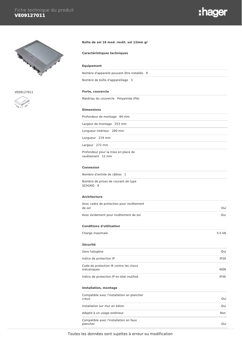 Page 1 de la notice Fiche technique Hager VE09127011