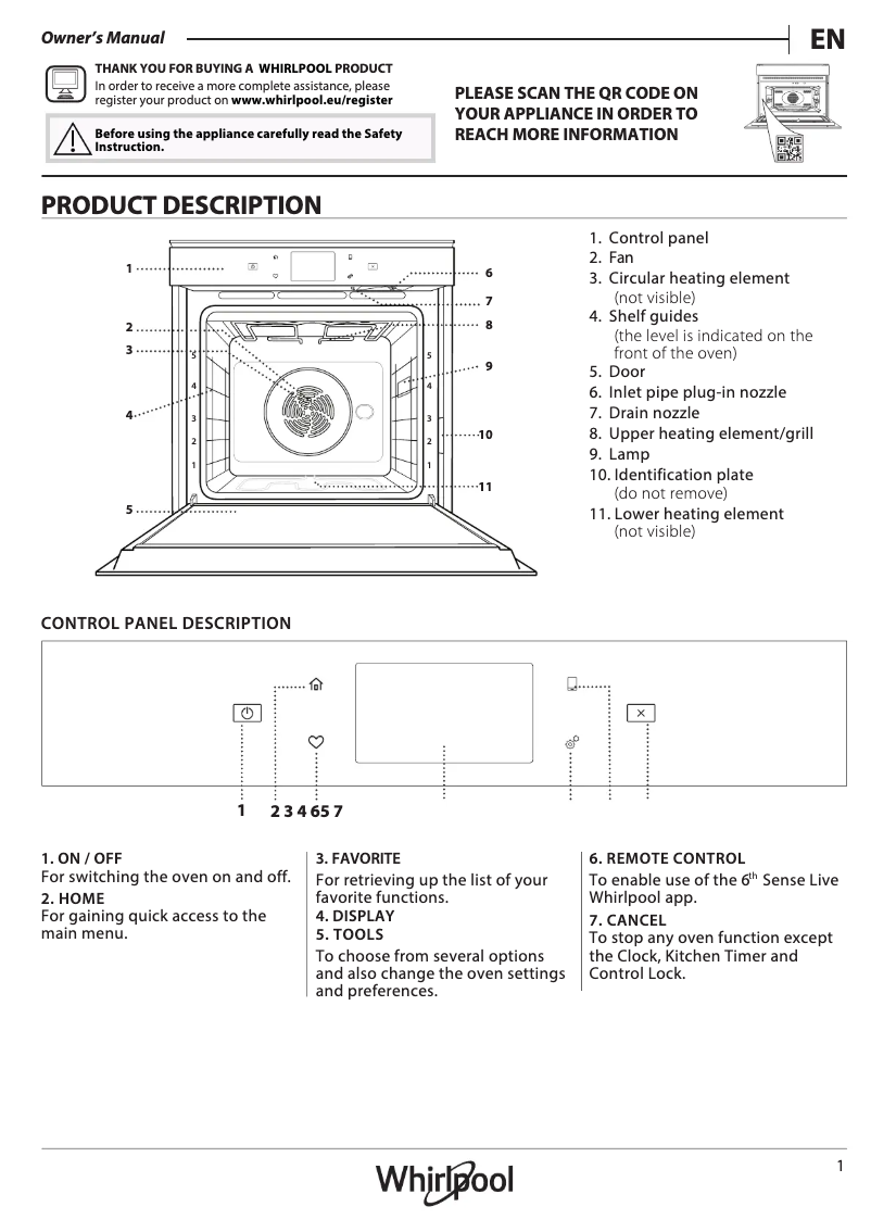 Page 1 de la notice Manuel d'utilisation et d'entretien Whirlpool W11 OS1 4S2 P