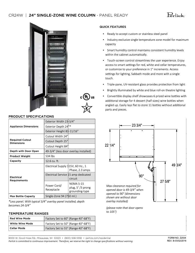 Page 1 de la notice Fiche technique Perlick CR24W-1-4L