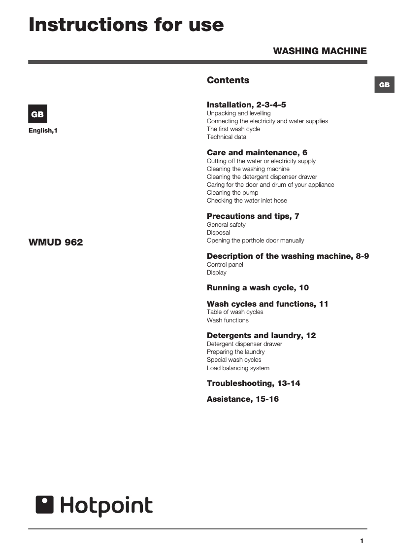 Página 1 del manual Manual de usuario Hotpoint WMUD 962G