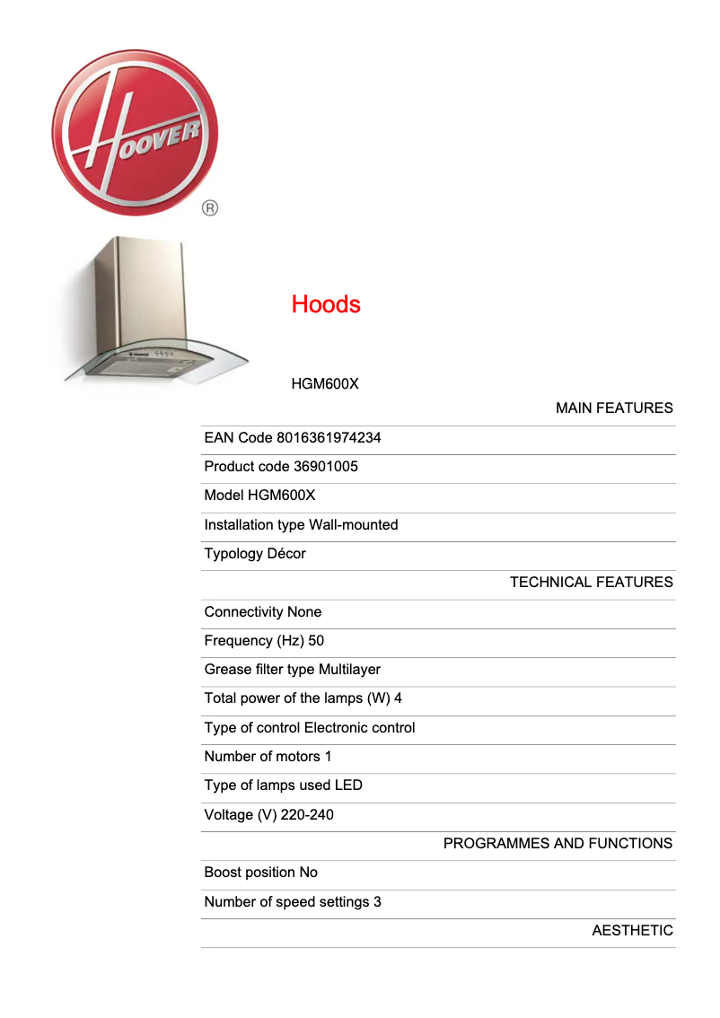 Página 1 del manual Ficha técnica Hoover HGM600X