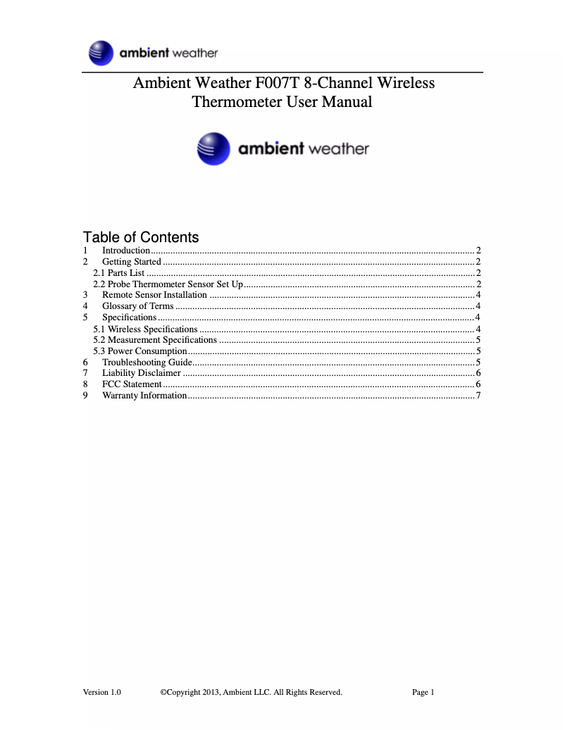 Page 1 de la notice Manuel utilisateur Ambient Weather F007T