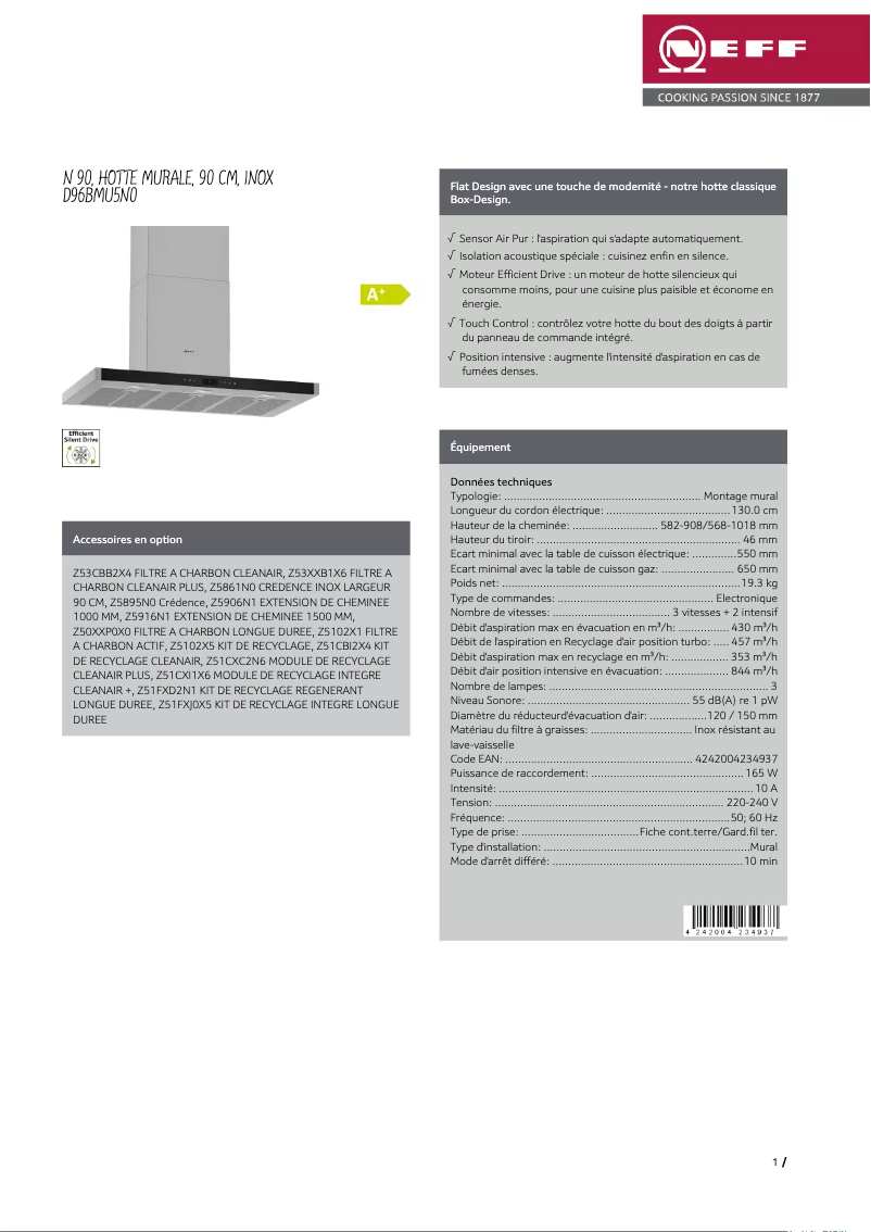 Page 1 de la notice Fiche technique Neff D96BMU5N0