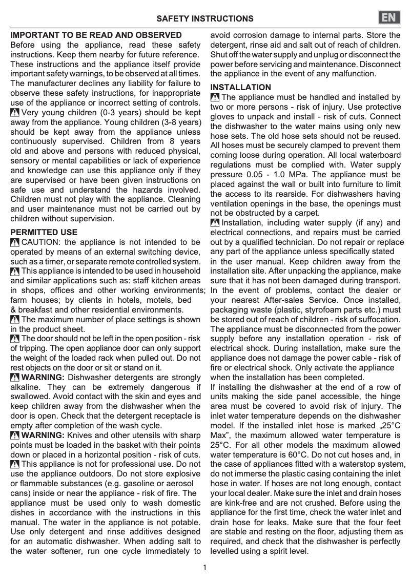 Page 1 de la notice Instructions de sécurité Indesit DIO 3T131 A FE