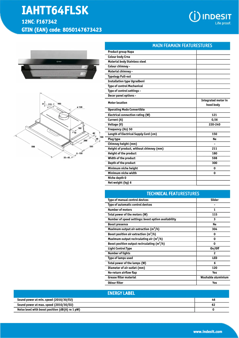 Page n°1 - Fiche technique Indesit IAHTT64FLSK