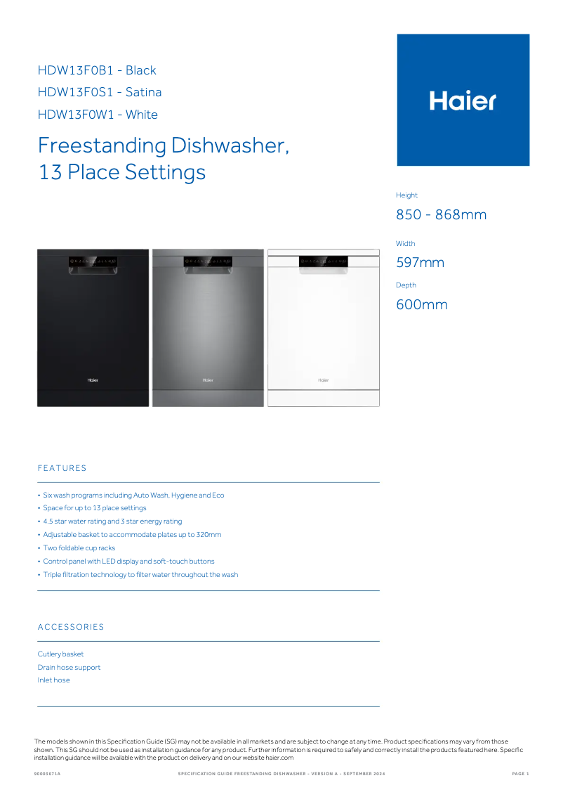 Página 1 del manual Ficha técnica Haier HDW13F0B1