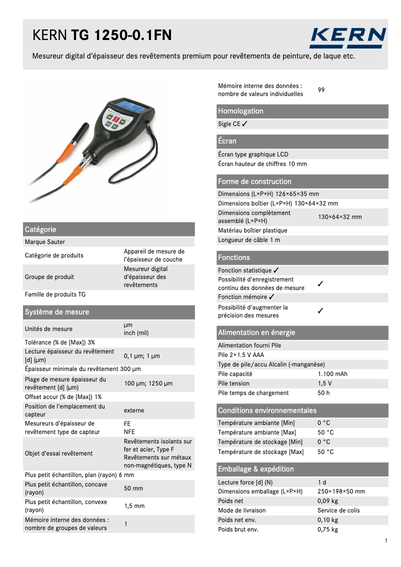 Page 1 of the manual Technical Sheet Sauter TG 1250-0.1FN