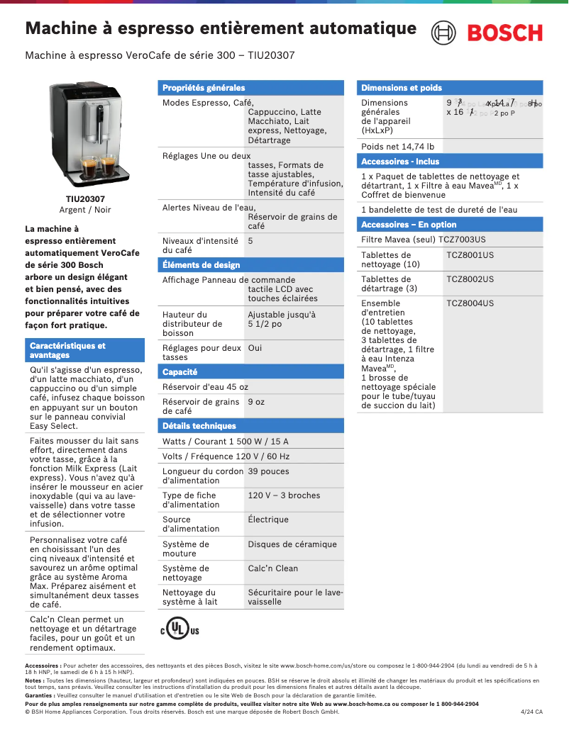 Page 1 de la notice Fiche technique Bosch TIU20307