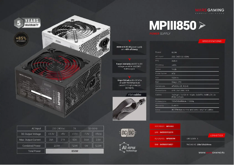 Page 1 de la notice Fiche technique Mars Gaming MPIII850