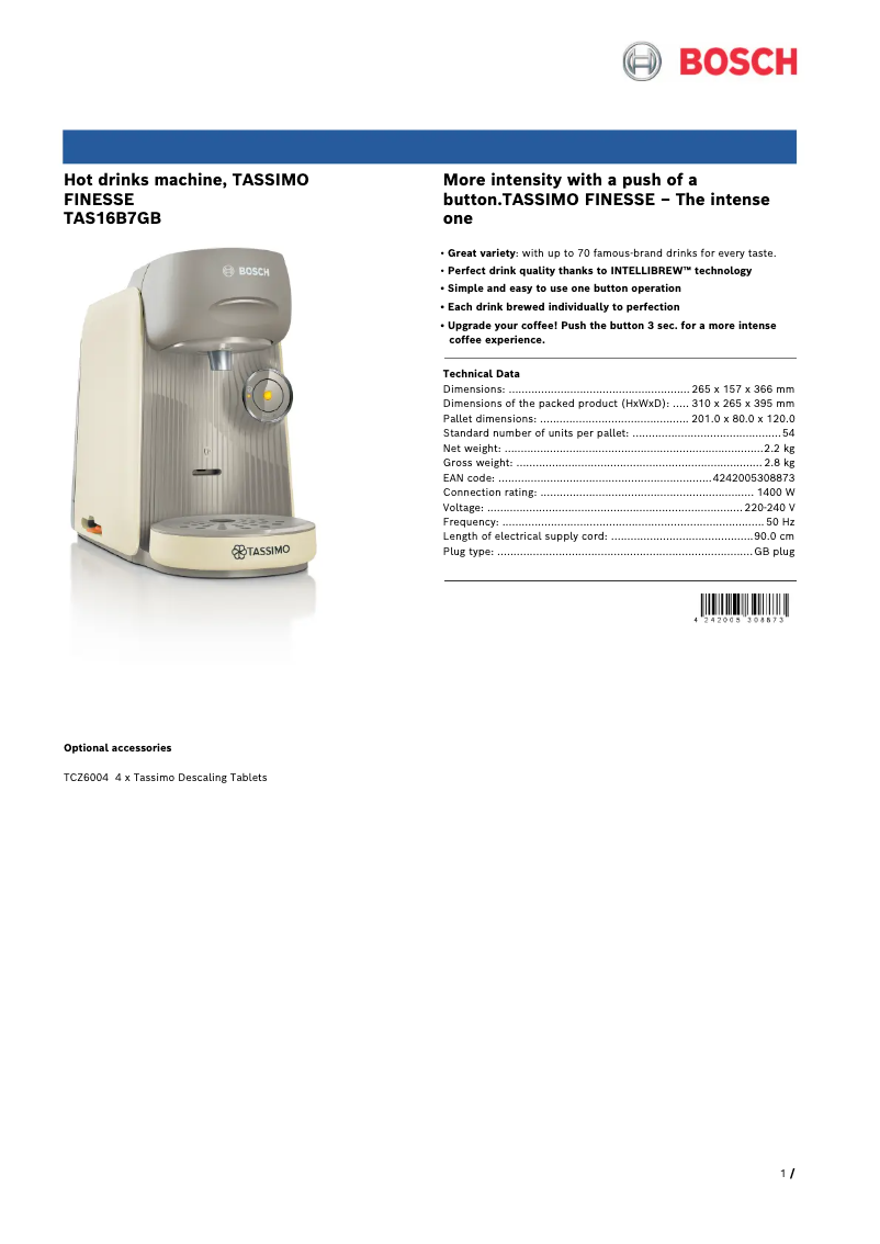 Page 1 de la notice Fiche technique Bosch Tassimo Finesse TAS16B7
