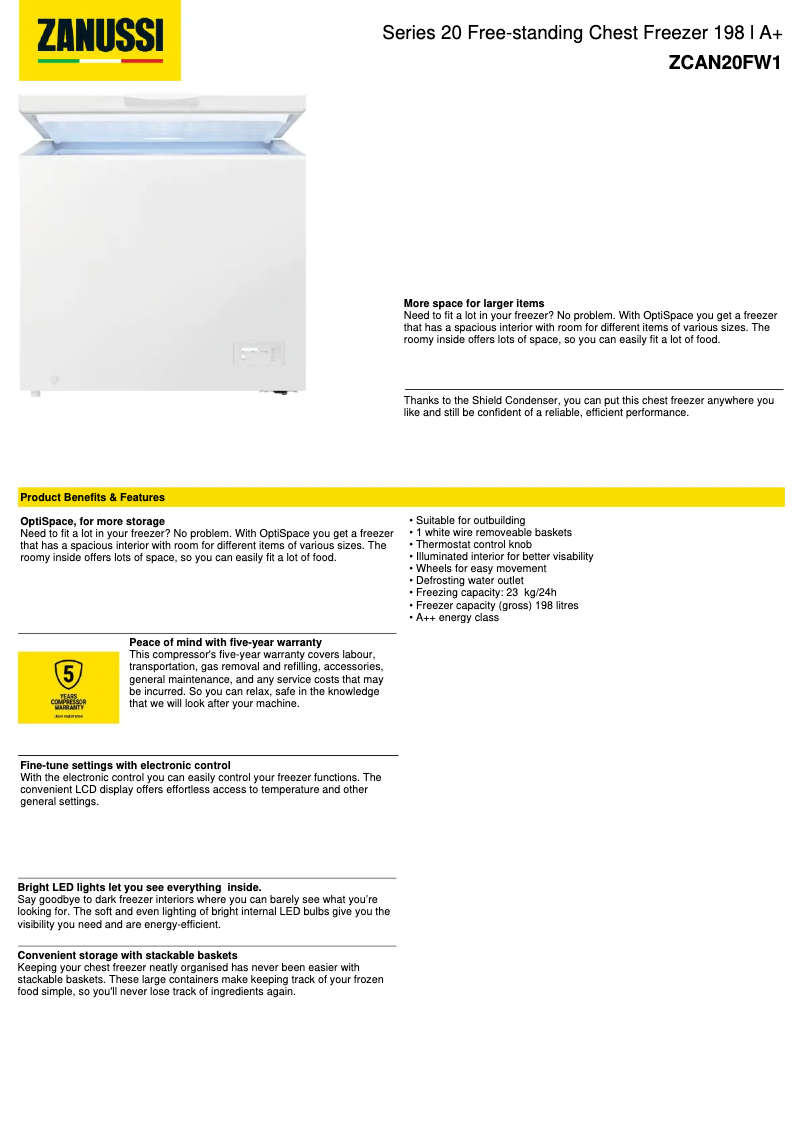 Page 1 de la notice Fiche technique Zanussi ZCAN20FW1