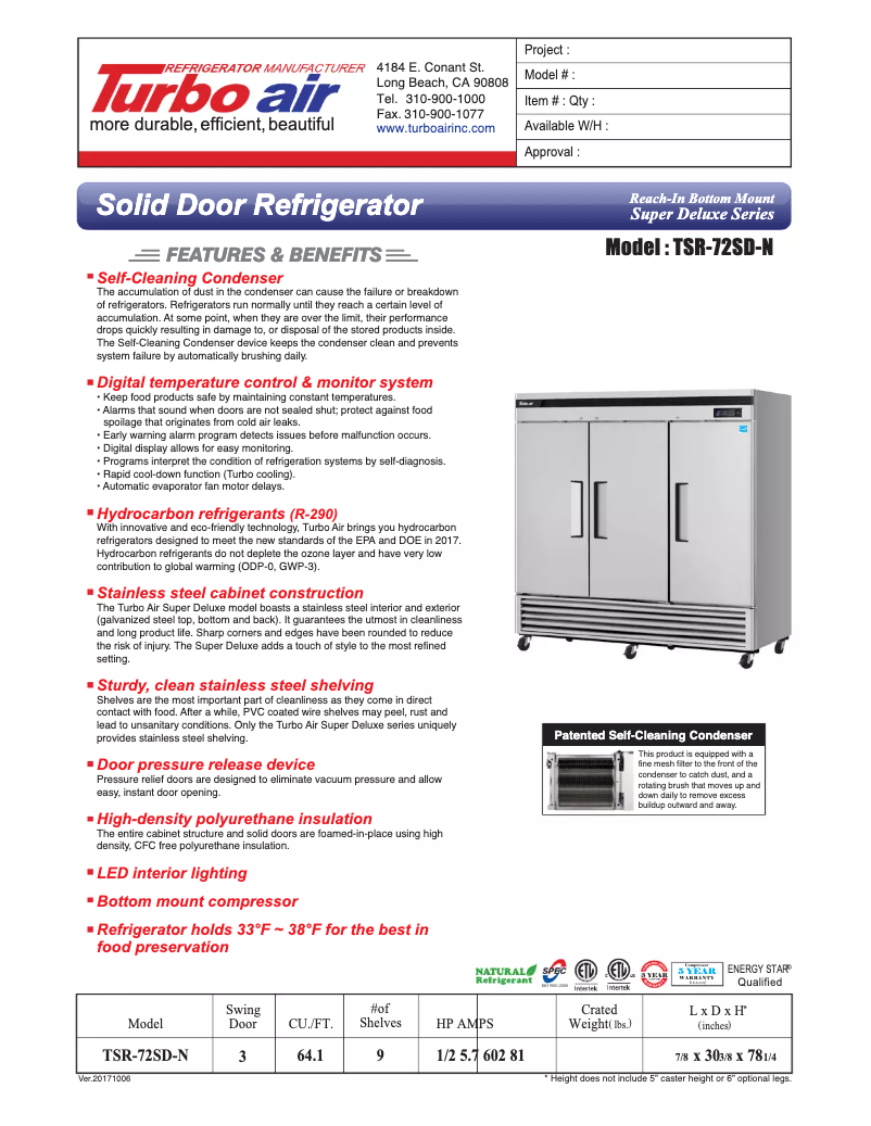 Página 1 del manual Ficha técnica Turbo air TSR-72SD