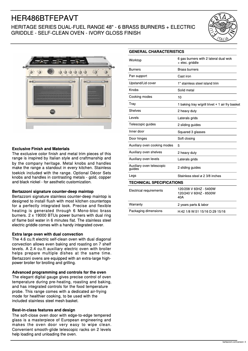 Page 1 de la notice Fiche technique Bertazzoni HER486BTFEPAVT