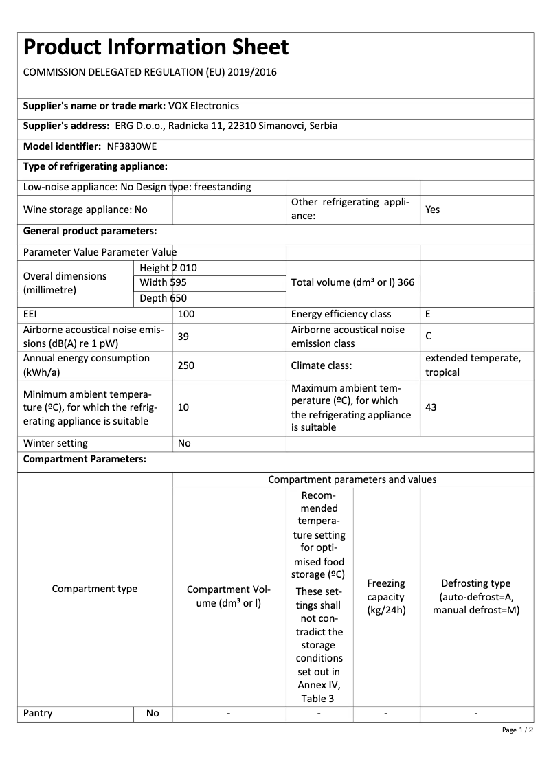 Página 1 del manual Ficha técnica VOX NF 3830 WE