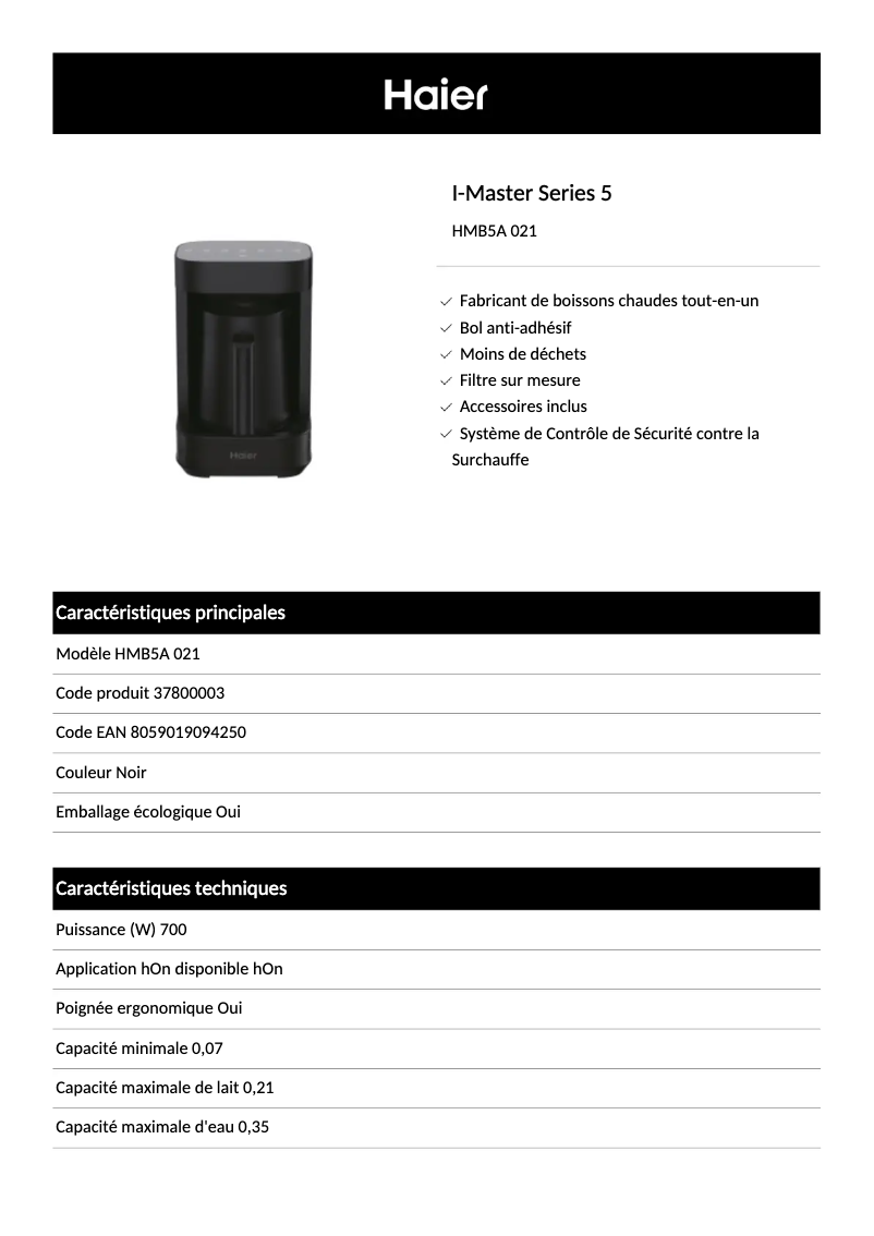 Página 1 del manual Ficha técnica Haier HMB5A 021