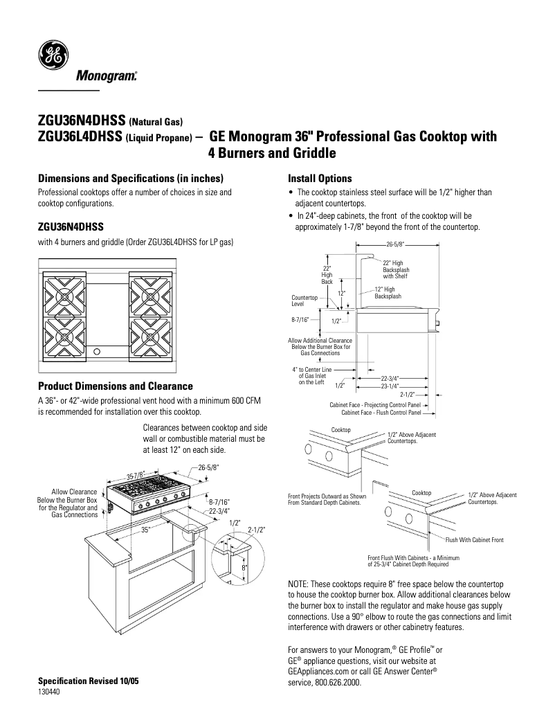 Page 1 of the manual Technical Sheet GE ZGU36N4DHSS