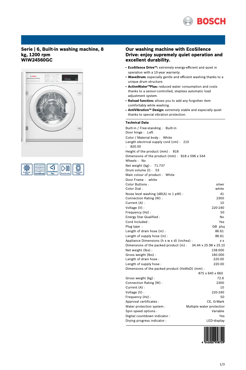 Page 1 of the manual Technical Sheet Bosch WIW24560GC