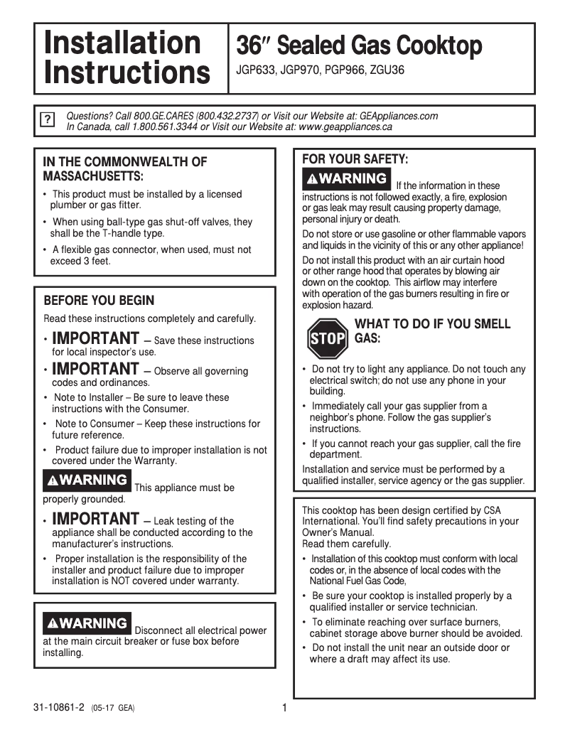 Página 1 del manual Guía de instalación GE ZGU36KSKSS