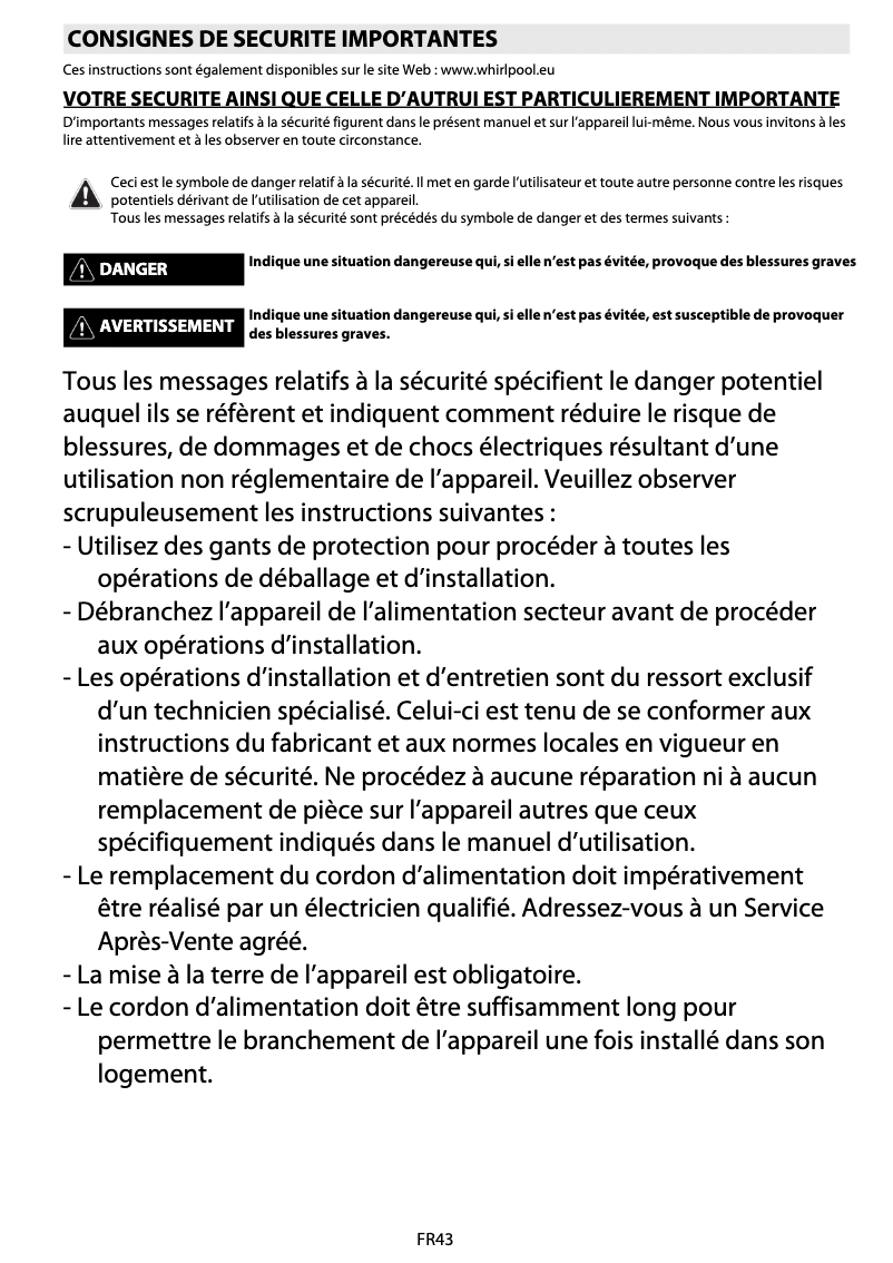 Page 1 de la notice Manuel utilisateur Whirlpool AKZM 751/IX