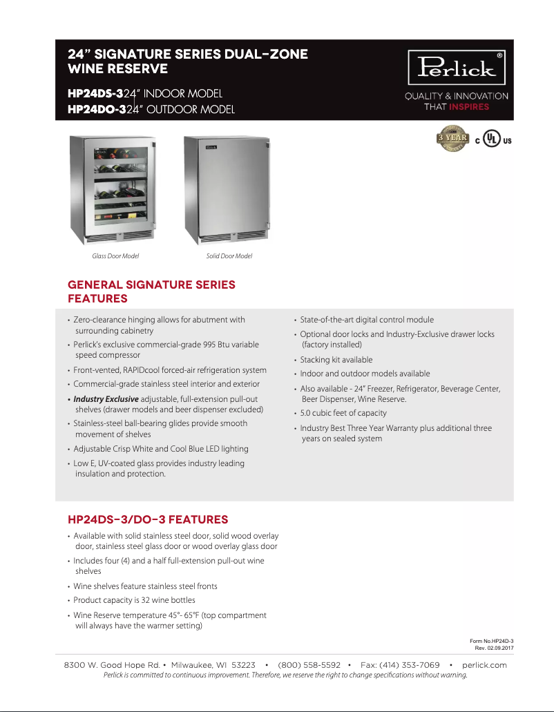 Page 1 de la notice Fiche technique Perlick HP24DS-3-3R