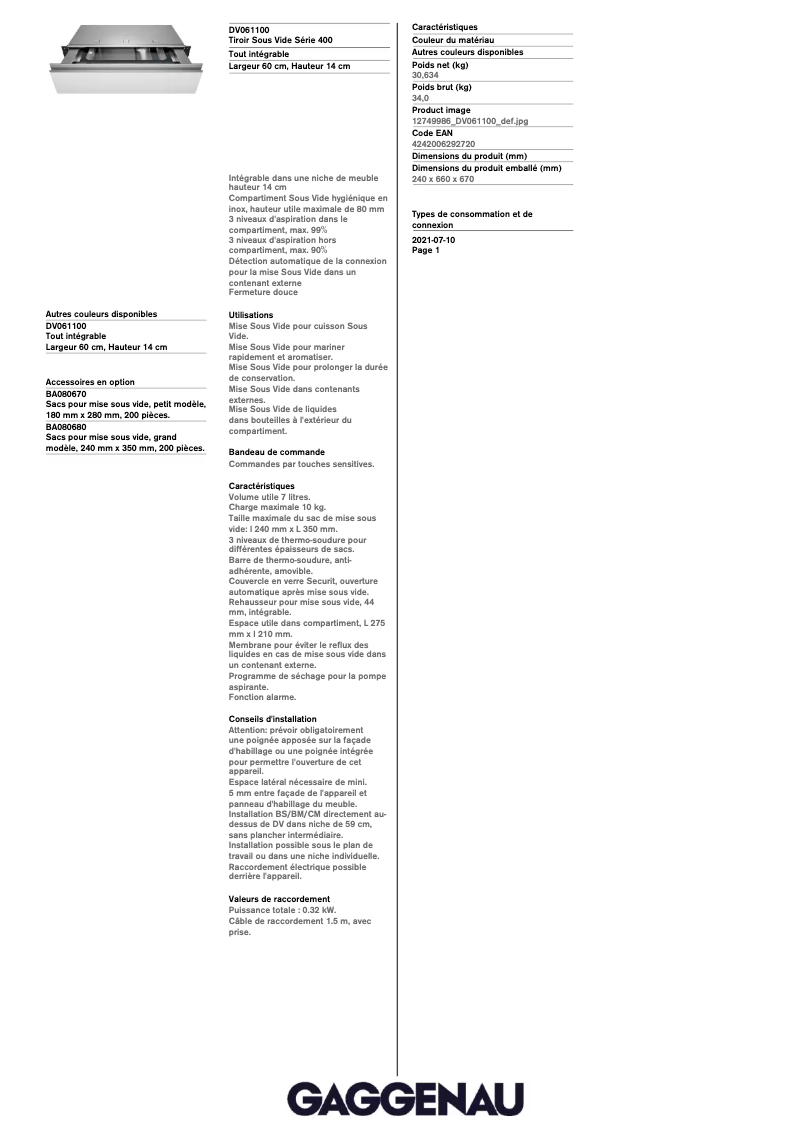 Page 1 de la notice Fiche technique Gaggenau DV061100