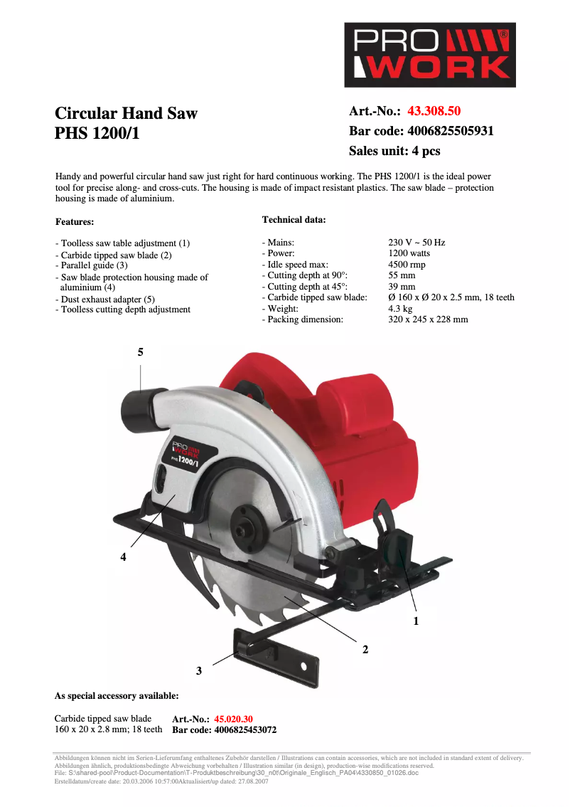 Page 1 de la notice Fiche technique Prowork PHS 1200/1