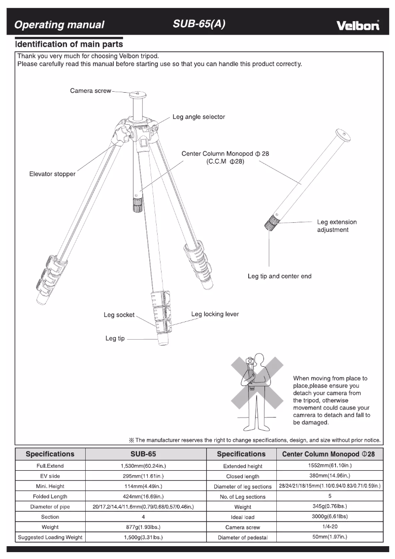 Page 1 de la notice Manuel utilisateur Velbon SUB-65