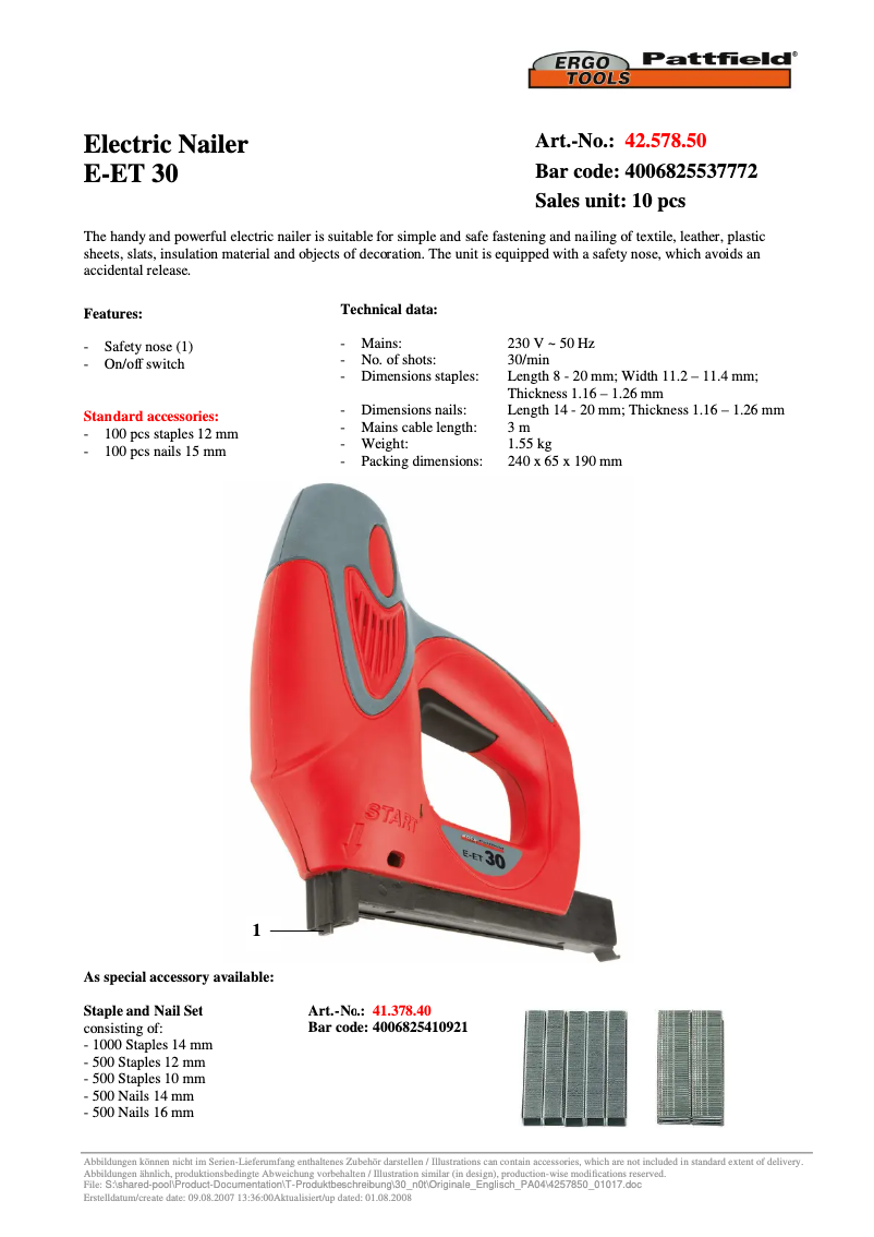 Page 1 of the manual User Manual Ergotools Pattfield E-ET 30