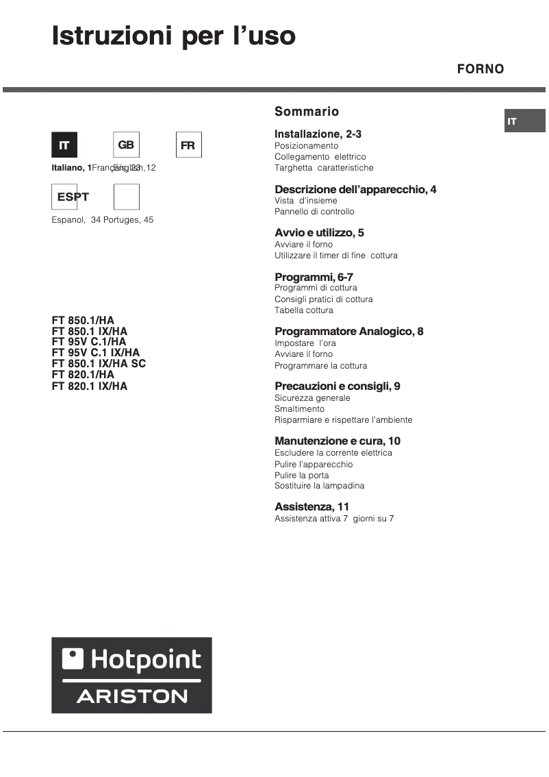 Page 1 de la notice Manuel utilisateur Hotpoint Ariston FT 820.1 AN/HA