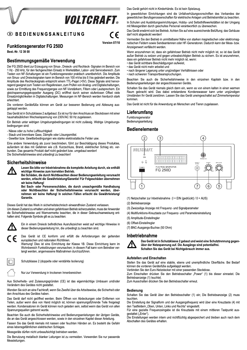Page 1 de la notice Manuel utilisateur Voltcraft FG 250D