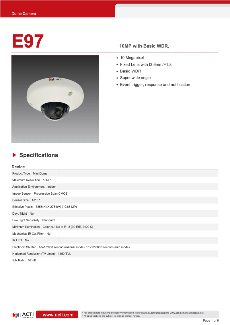 Page 1 de la notice Fiche technique ACTi E97