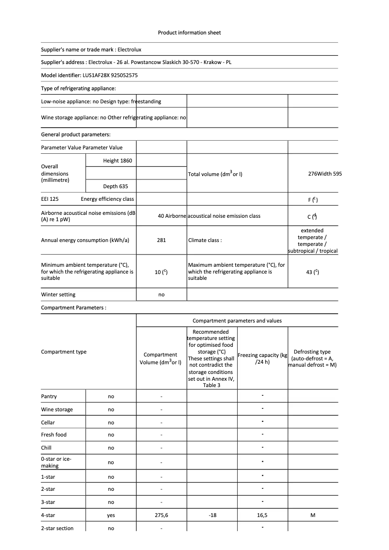 Page 1 de la notice Fiche technique Electrolux LUS1AF28X