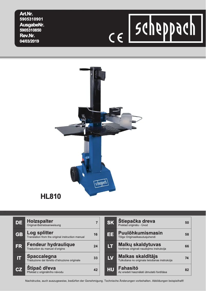 Page 1 de la notice Manuel utilisateur Scheppach HL810