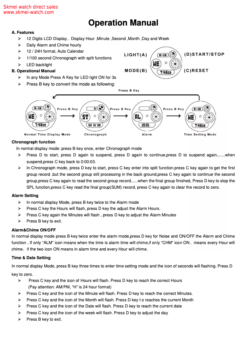 Page 1 de la notice Manuel utilisateur Skmei 0931