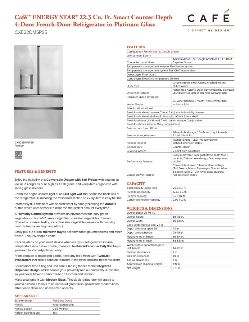 Page n°1 - Fiche technique GE Café CXE22DM5PS5
