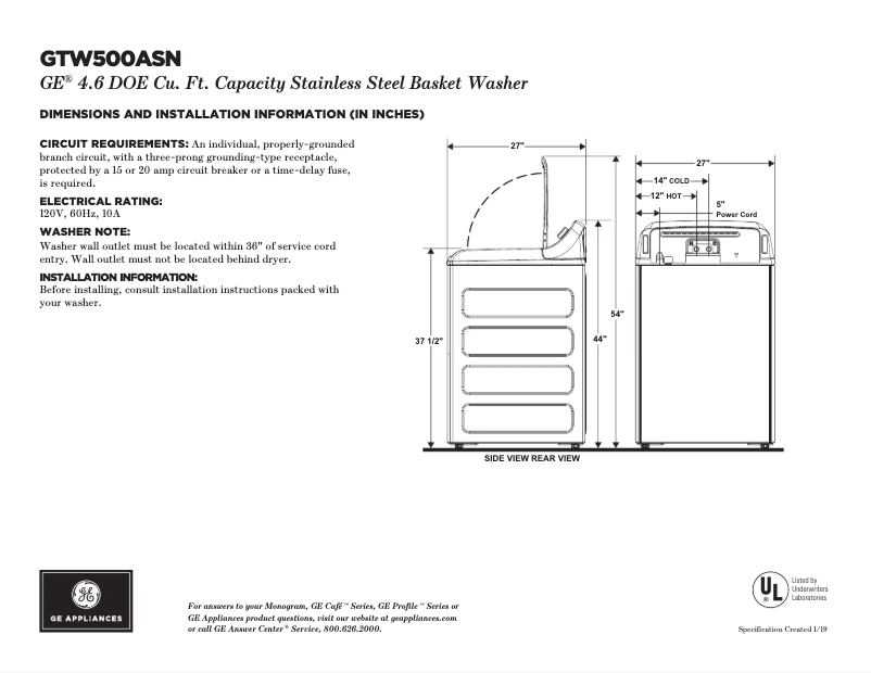 Page 1 of the manual Technical Sheet GE GTW500ASNWS