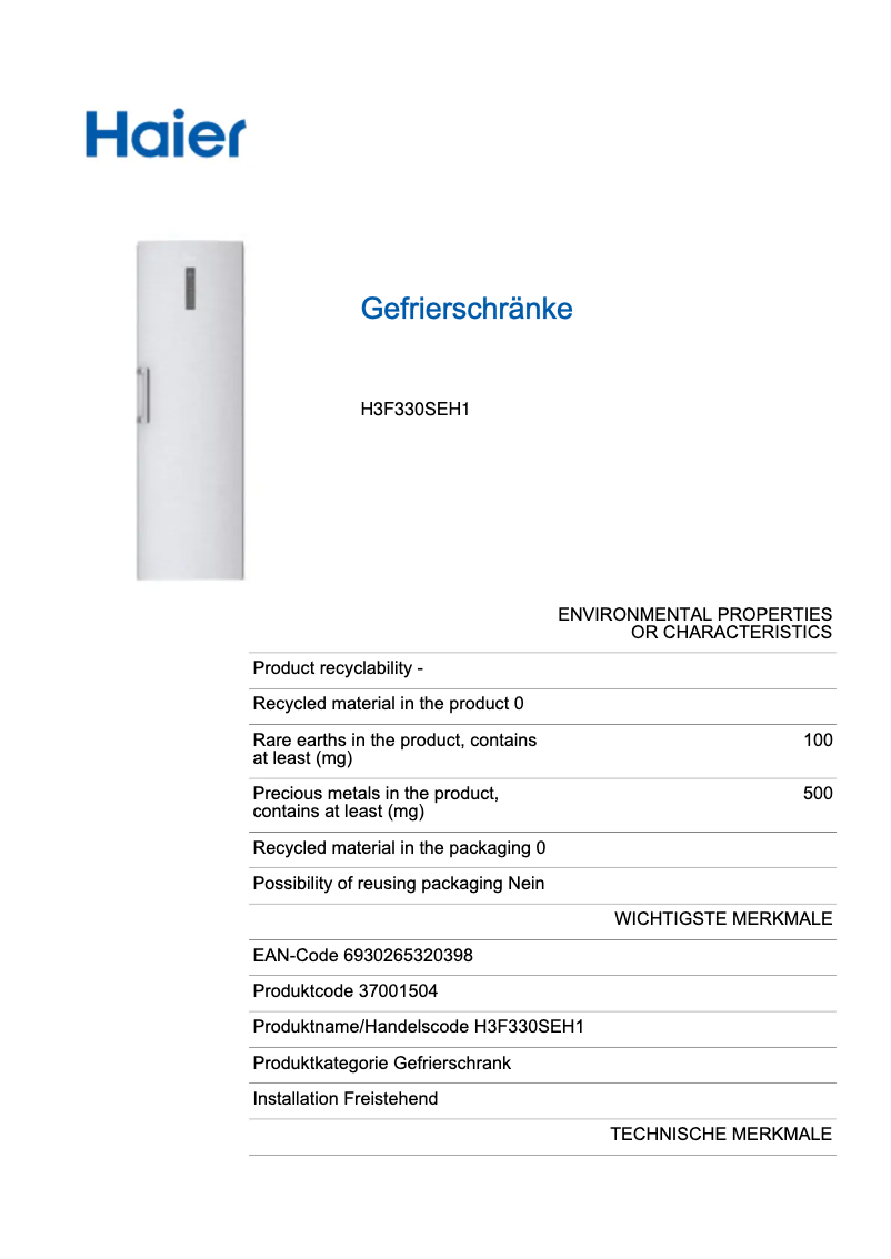 Página 1 del manual Etiqueta energética Haier H3F330SEH1