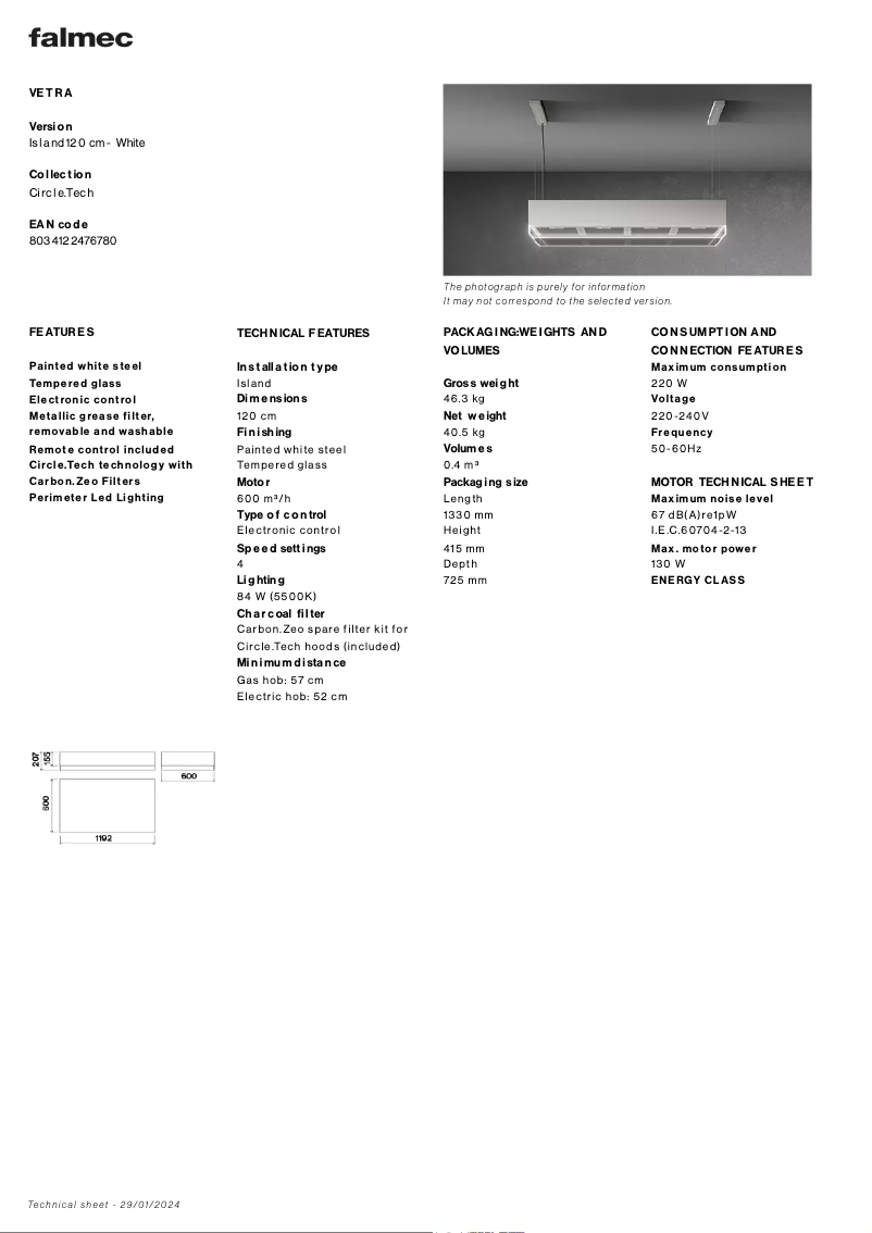 Página 1 del manual Ficha técnica Falmec Vetra