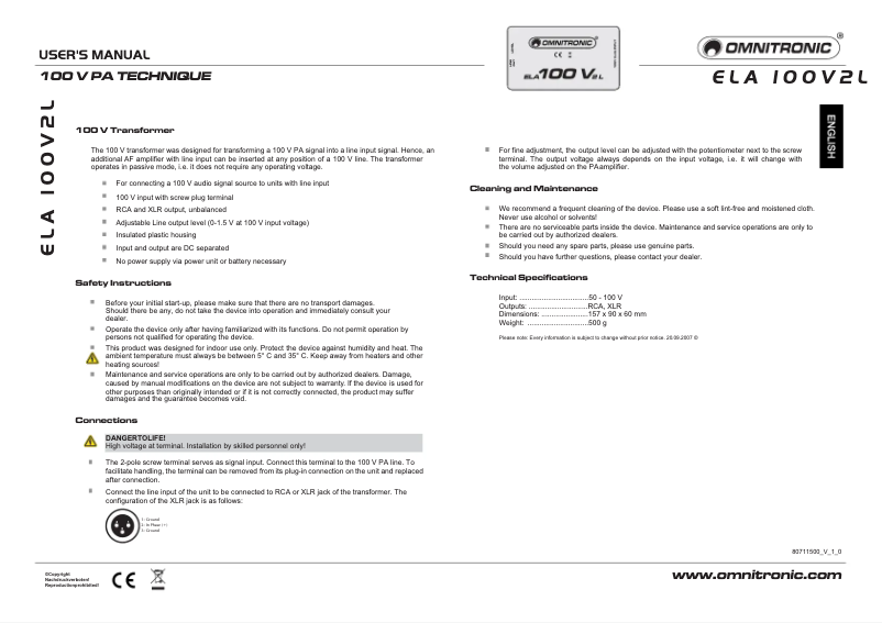 Page 1 de la notice Manuel utilisateur Omnitronic ELA-100V-2-L
